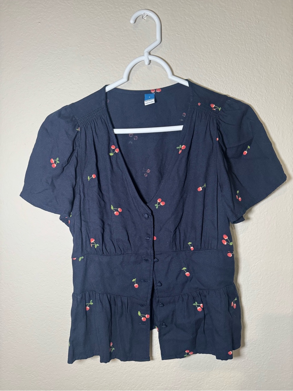 Navy cherry printed button up blouse from Old Navy